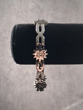 Marked Mexico 925 Sterling Silver Sunburst Faces Chunky 7.5" Bracelet VG